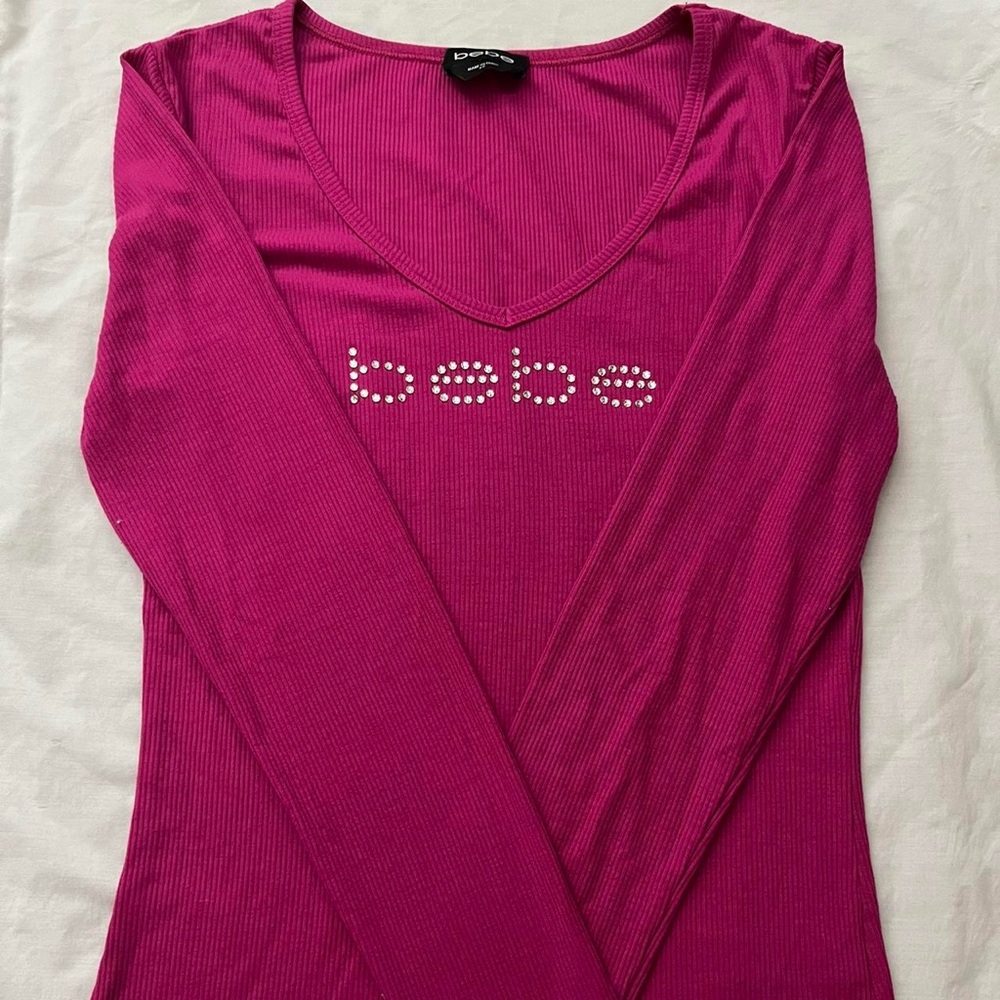 Bebe Pink Fitted Embellished Long Sleeve Tee